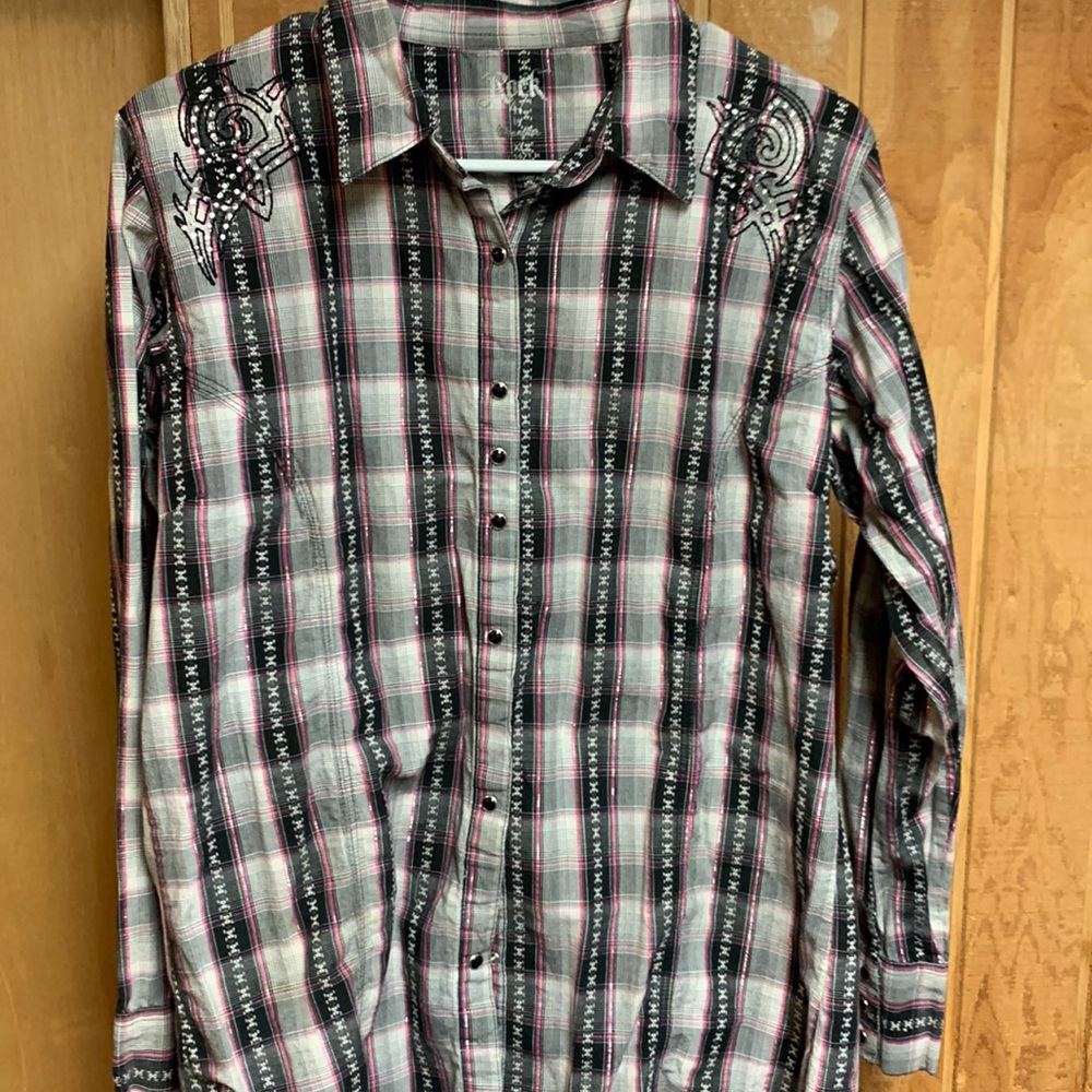 Pink and black plaid western shirt